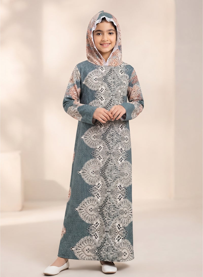 Kids Girls Prayer Esdall / Abaya Size 12 Patterned with Matching Sleeves and Hood - Islamic Prayer Dress - Image 2