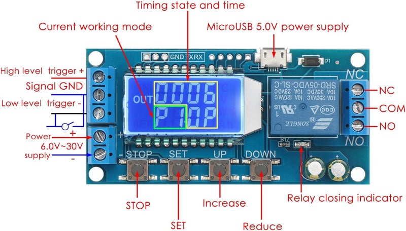 DROK Timer Relay - 5V/12V/24V Time Delay Relay Switch Delay-Off Cycle Timer 0.01s-9999mins with LCD Display Support Micro USB 5V Power Supply - Image 2