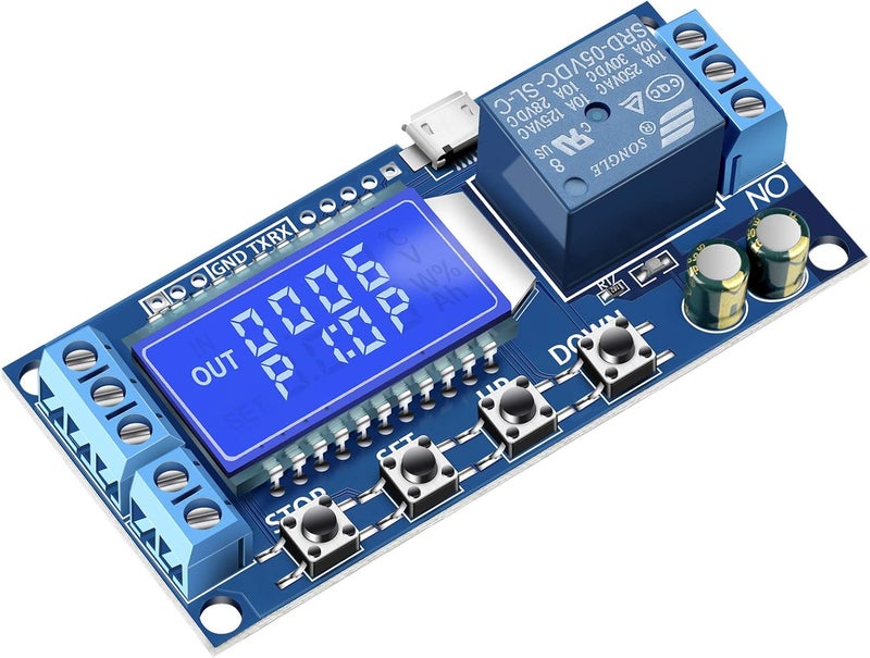 DROK Timer Relay - 5V/12V/24V Time Delay Relay Switch Delay-Off Cycle Timer 0.01s-9999mins with LCD Display Support Micro USB 5V Power Supply - Image 1
