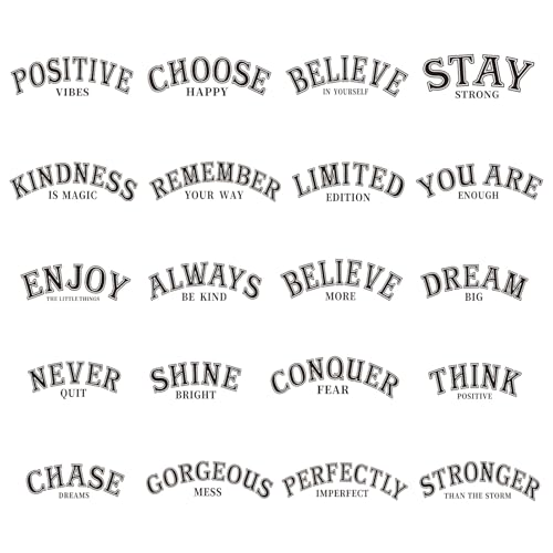 Shejdgart Dtf Transfers Ready to Press - 20 Pcs Motivational Iron on Patches for T-Shirts, Inspirational Quotes Iron on Stickers Heat Transfer Vinyl Decals for DIY Fabric Clothes Decor - Image 1