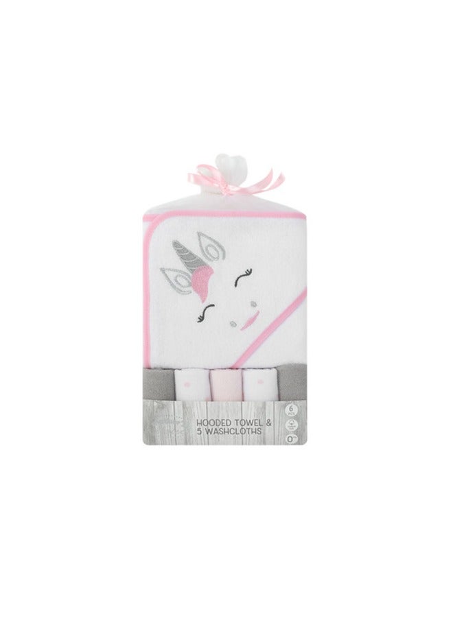 Mothers Choice UnicornThemed Hooded BabyTowel + 5-Pack Face Cloth Set – Essential for Baby Bath Time - Image 1