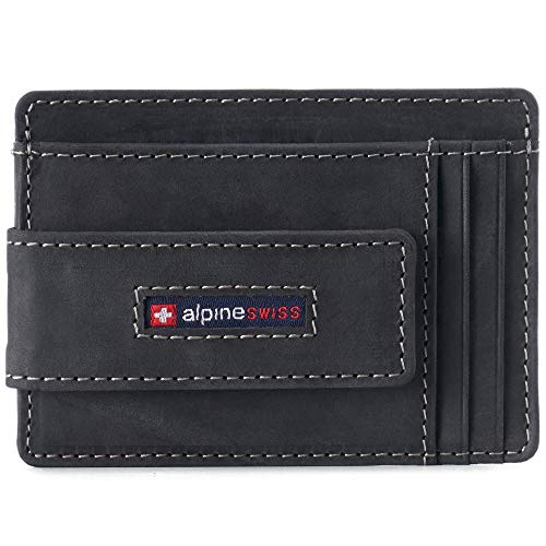 Alpine Swiss Harper Mens RFID Slim Front Pocket Wallet Magnetic Money Clip ID Card Holder Leather Nubuck Black - Image 1