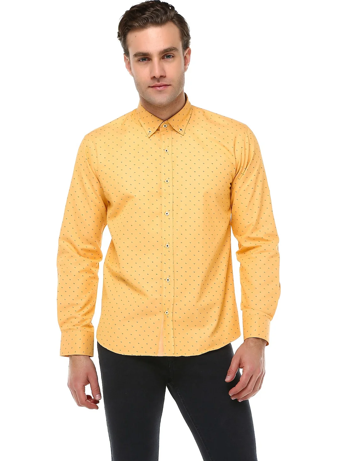 Varetta Men's Yellow Printed Long Sleeve Slim Fit Shirt