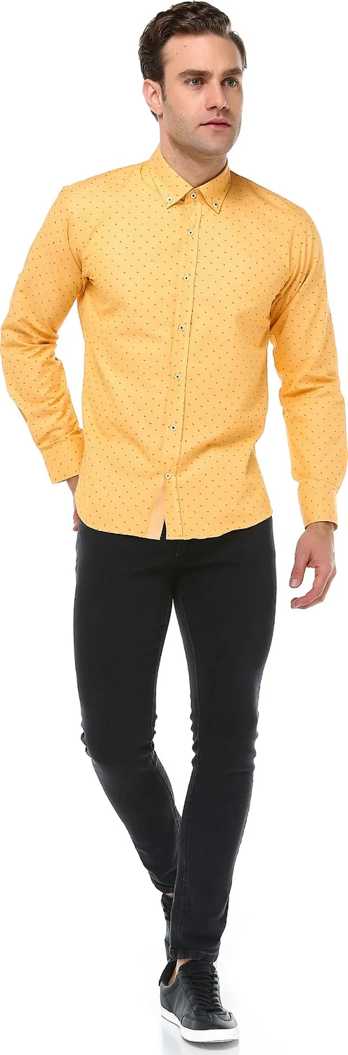 فاريتا Men's Yellow Printed Long Sleeve Slim Fit Shirt