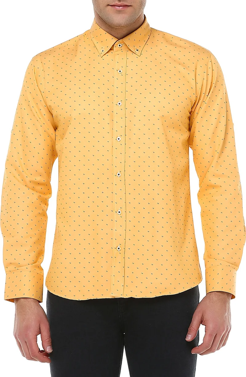 فاريتا Men's Yellow Printed Long Sleeve Slim Fit Shirt