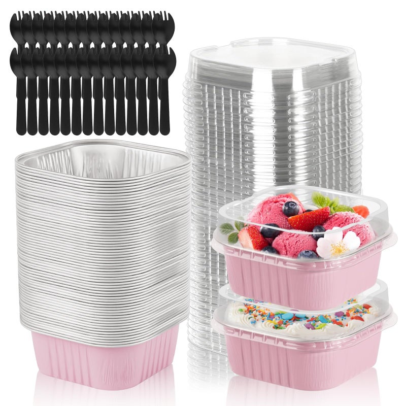 CXIIPOL 35 Pack 5 OZ Square Mini Baking Pans with Lids, 3.5x3.5 Inch Mini Cake Tins, Aluminum Foil Baking Cups Disposable Cake Containers for Party, Wedding, Birthdays, Pink - Image 1