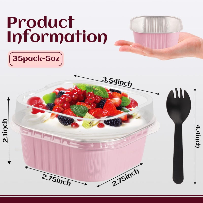 CXIIPOL 35 Pack 5 OZ Square Mini Baking Pans with Lids, 3.5x3.5 Inch Mini Cake Tins, Aluminum Foil Baking Cups Disposable Cake Containers for Party, Wedding, Birthdays, Pink - Image 2