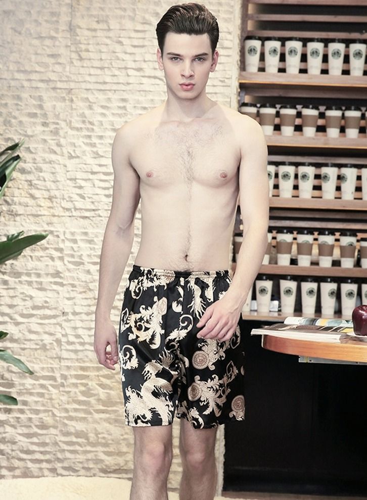 Loquat Men's Dragon Printed Pajamas Shorts Loose Bottoms Sleep Pants Loungewear Black/Gold 