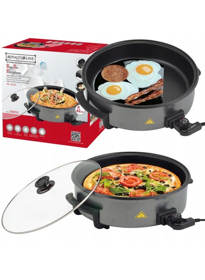 Electric Party Pan with Glass Lid, 42cm Non-Stick Cooking Surface, 1500W Adjustable Temperature Control, Black Multi-Purpose Kitchen Appliance