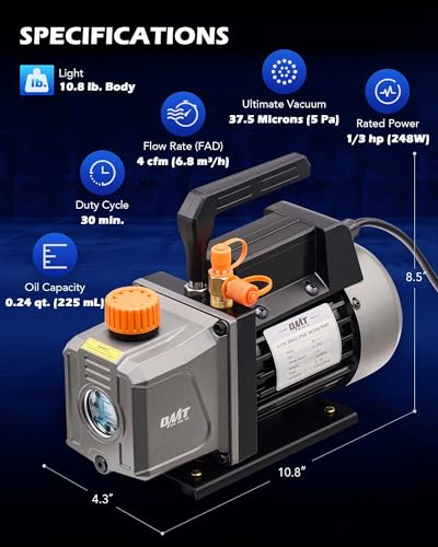 Orion Motor Tech مجموعة مضخة فراغ ومقياس تكييف هواء أوريون موتور تك R1234yf، 1/3 حصان 4 قدم مكعب في الدقيقة مع مجموعة مقياس مانيفولد وكاشف تسرب و3 خراطيم ومحولات لـ R1234yf، مجموعة مضخة فراغ تكييف هواء لأنظمة HVAC للسيارات - Image 4