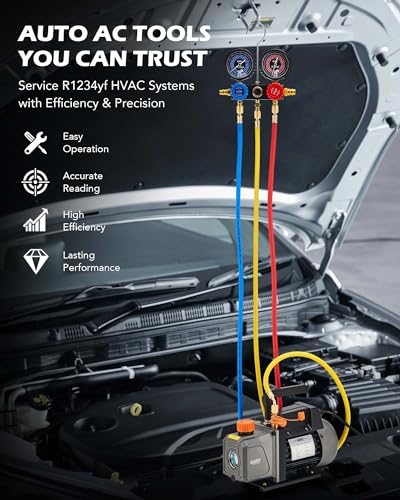 Orion Motor Tech مجموعة مضخة فراغ ومقياس تكييف هواء أوريون موتور تك R1234yf، 1/3 حصان 4 قدم مكعب في الدقيقة مع مجموعة مقياس مانيفولد وكاشف تسرب و3 خراطيم ومحولات لـ R1234yf، مجموعة مضخة فراغ تكييف هواء لأنظمة HVAC للسيارات - Image 2
