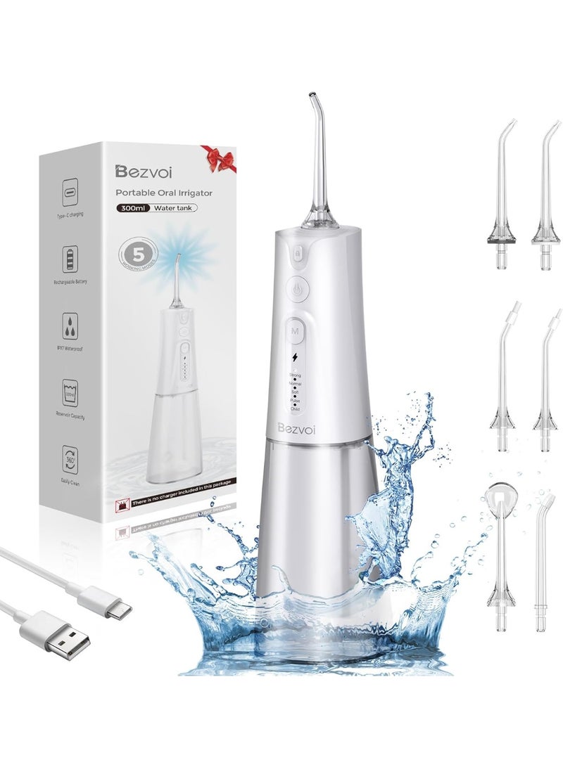 Bezvoi Water Flosser Teeth Pick: 5 Modes Cordless Water Dental Floss 300ML Portable Rechargeable IPX7 Waterproof Electric Water Flossing Cleaning Picks with 6 Jet Tips Oral Irrigator Cleaner, White  - Image 1