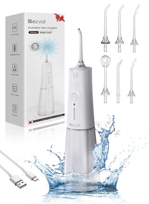 Water Flosser Teeth Pick: 5 Modes Cordless Water Dental Floss 300ML Portable Rechargeable IPX7 Waterproof Electric Water Flossing Cleaning Picks with 6 Jet Tips Oral Irrigator Cleaner, White
