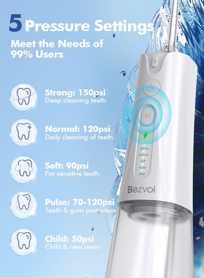 بزفوي خيط مائي كهربائي لتنظيف الأسنان – 5 أوضاع، لاسلكي، قابل لإعادة الشحن، خزان ماء 300 مل، مقاوم للماء IPX7، مع 6 فوهات، جهاز تنظيف الفم بالضغط المائي، أسود - Image 3