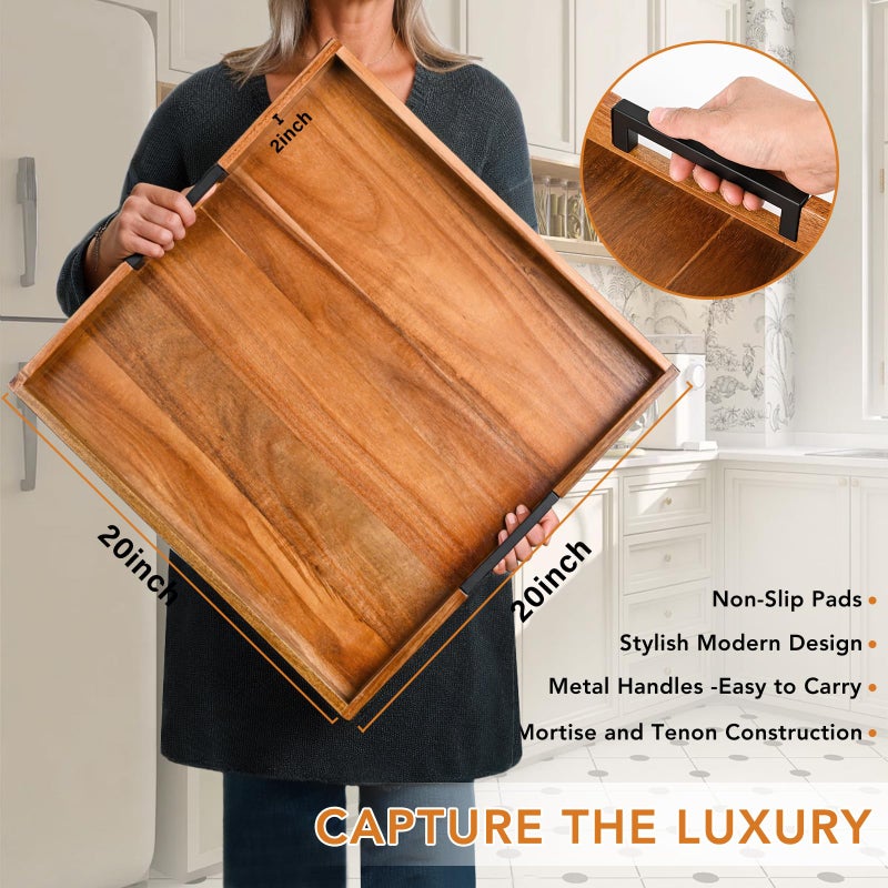 Joy&Grace Large Ottoman Tray for Living Room and Coffee Table, Decorative Acacia Wood Serving Tray with Handles for Breakfast in Bed, Dinner Food Kitchen TV (Natural, 20" x 20" x 2") - Image 2