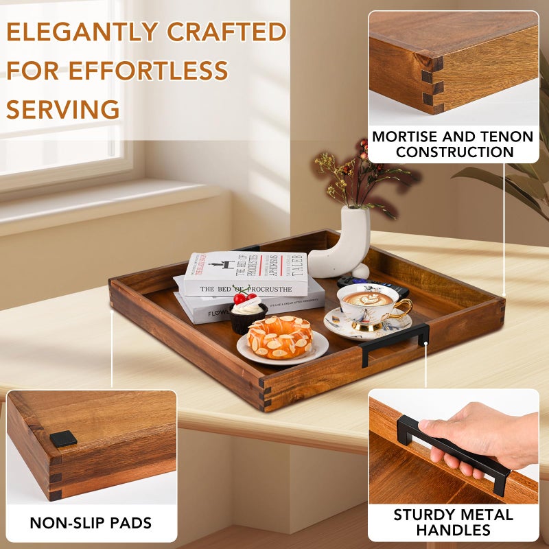 Joy&Grace Large Ottoman Tray for Living Room and Coffee Table, Decorative Acacia Wood Serving Tray with Handles for Breakfast in Bed, Dinner Food Kitchen TV (Natural, 20" x 20" x 2") - Image 3