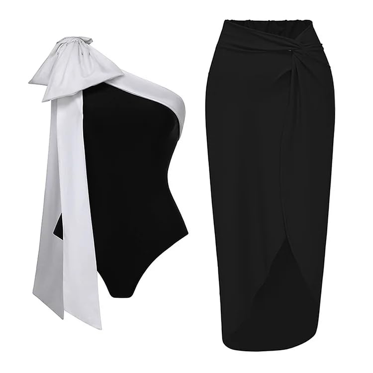 FLAXMAKER One Shoulder Black and White Big Bow Tie Color Block One Piece Vacation Beach Swimsuit and Skirt (US, Alpha, Large, Regular, Regular, Swimsuit and Skirt) - Image 1