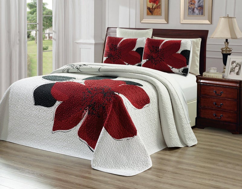 Grand Linen Grand Linen 3Piece Fine Printed Oversize 115 X 95 Quilt Set Reversible Bedspread Coverlet California Cal King Size Bed Cover Burgundy Red Black White Floral 