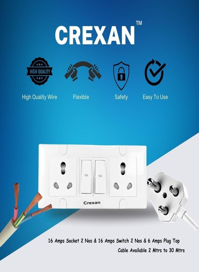 CREXAN لوحة تمديد كريكسان 6/16 أمبير و1500/2500 واط مع مفتاح 16 أمبير ومقبس 6/16 أمبير - 2 مع غطاء أمان، سلك نحاسي أبيض ثلاثي النواة 2.5 مم مربع (قابس صغير 6 أمبير بقدرة 2500 واط، طول 2 متر) - Image 2