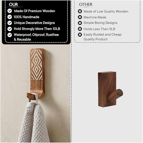Indian-Shelf IndianShelf Boho Decorative Wood Adhesive Wall Hooks for Hanging Coats, Keys, Leash, Hat, Towel Holder, Cute Sticky Key Holder, White Brown Western Wall Décor (6 Hooks 12 Strips) - Image 2