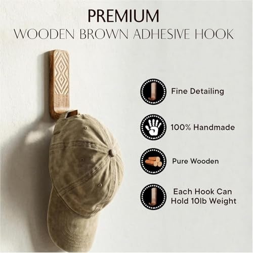 Indian-Shelf IndianShelf Boho Decorative Wood Adhesive Wall Hooks for Hanging Coats, Keys, Leash, Hat, Towel Holder, Cute Sticky Key Holder, White Brown Western Wall Décor (6 Hooks 12 Strips) - Image 3