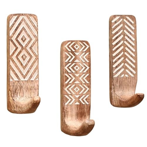 Indian-Shelf IndianShelf Boho Decorative Wood Adhesive Wall Hooks for Hanging Coats, Keys, Leash, Hat, Towel Holder, Cute Sticky Key Holder, White Brown Western Wall Décor (6 Hooks 12 Strips) - Image 1