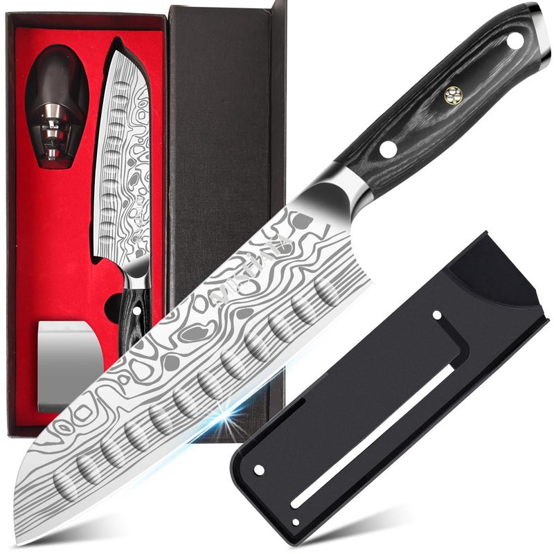 MOSFiATA Santoku Knife 7 Inch Vegetable Knife Ultra Sharp Chopping Knife Forged EN4116 German Steel Including SheathFinger GuardKnife SharpenerFull TangBest Gifts with Handmade Gift Box
