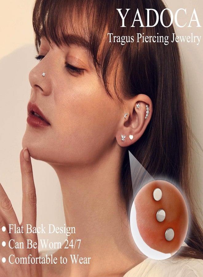 YADOCA 12Pcs 16G Tragus Earrings for Women Flat Back Cartilage Earring Stainless Steel Top Screw CZ Butterfly Bee Flower Moon Heart Flatback Stud Earrings Labret Conch Helix Cartilage Tragus Piercing - Image 2