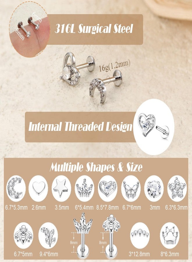 YADOCA 12Pcs 16G Tragus Earrings for Women Flat Back Cartilage Earring Stainless Steel Top Screw CZ Butterfly Bee Flower Moon Heart Flatback Stud Earrings Labret Conch Helix Cartilage Tragus Piercing - Image 3