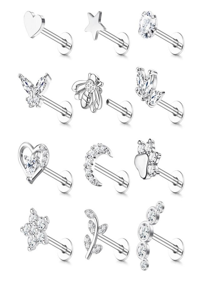 YADOCA 12Pcs 16G Tragus Earrings for Women Flat Back Cartilage Earring Stainless Steel Top Screw CZ Butterfly Bee Flower Moon Heart Flatback Stud Earrings Labret Conch Helix Cartilage Tragus Piercing - Image 1