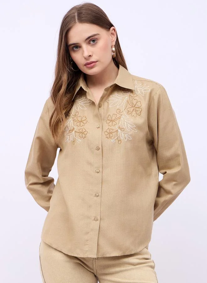 Styli Styli Women Beige Embroidered Long Sleeve Shirt