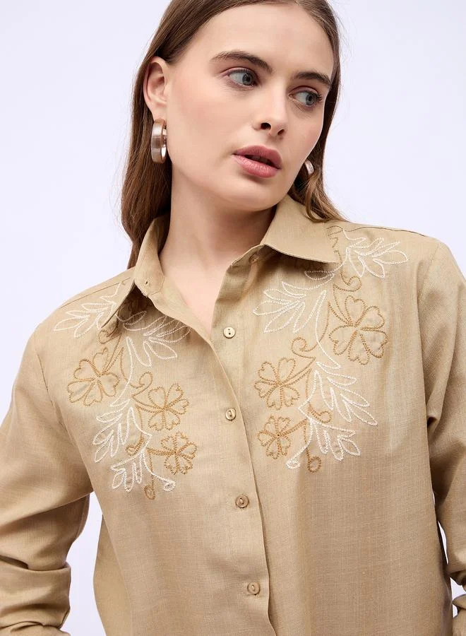 Styli Styli Women Beige Embroidered Long Sleeve Shirt