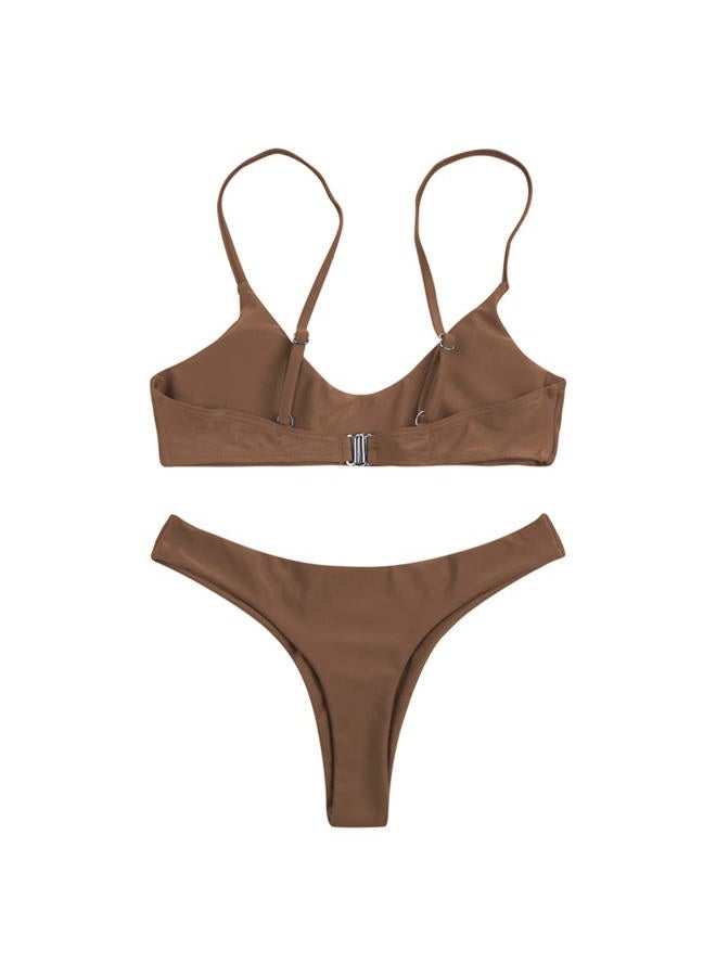 SherryDC Women's Solid Scoop Neck Push Up Padded Brazilian Thong Bikini Swimsuit Bathing Suit, Brown, S - Image 3