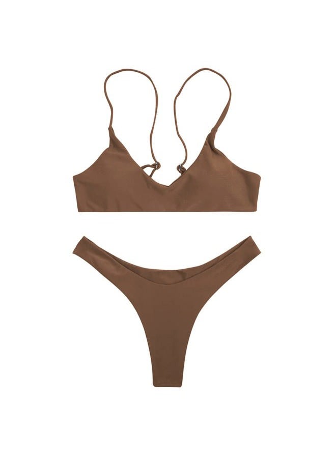 SherryDC Women's Solid Scoop Neck Push Up Padded Brazilian Thong Bikini Swimsuit Bathing Suit, Brown, S - Image 2