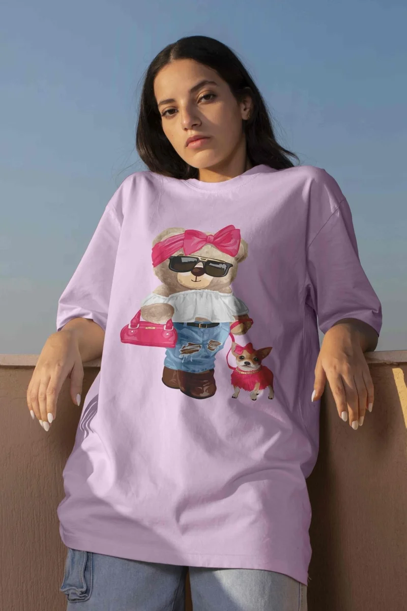 DogFish Teddy Printed Women's Oversize Pink T-Shirt