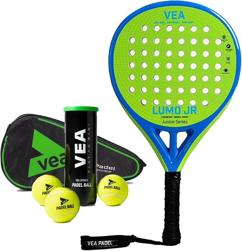 VEA LUMO JR Junior Padel Racket Bundle – Neon Lime Green Includes 1 Racket and 1 Tube of VEA Padel Balls 50% Carbon 50% Fiberglass Frame Soft EVA Core Lightweight 320g Glossy Finish - Image 1