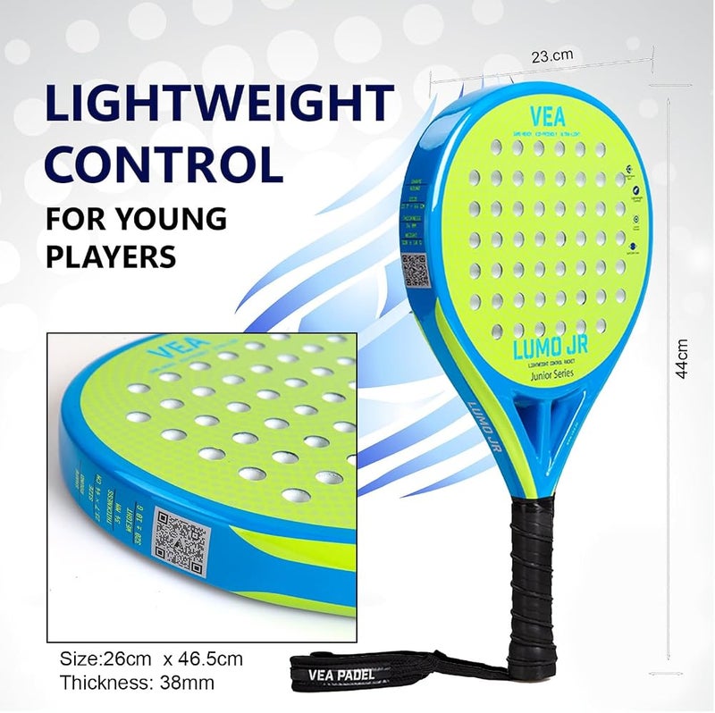 VEA LUMO JR Junior Padel Racket Bundle – Neon Lime Green Includes 1 Racket and 1 Tube of VEA Padel Balls 50% Carbon 50% Fiberglass Frame Soft EVA Core Lightweight 320g Glossy Finish - Image 4