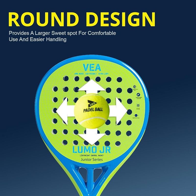 VEA LUMO JR Junior Padel Racket Bundle – Neon Lime Green Includes 1 Racket and 1 Tube of VEA Padel Balls 50% Carbon 50% Fiberglass Frame Soft EVA Core Lightweight 320g Glossy Finish - Image 5