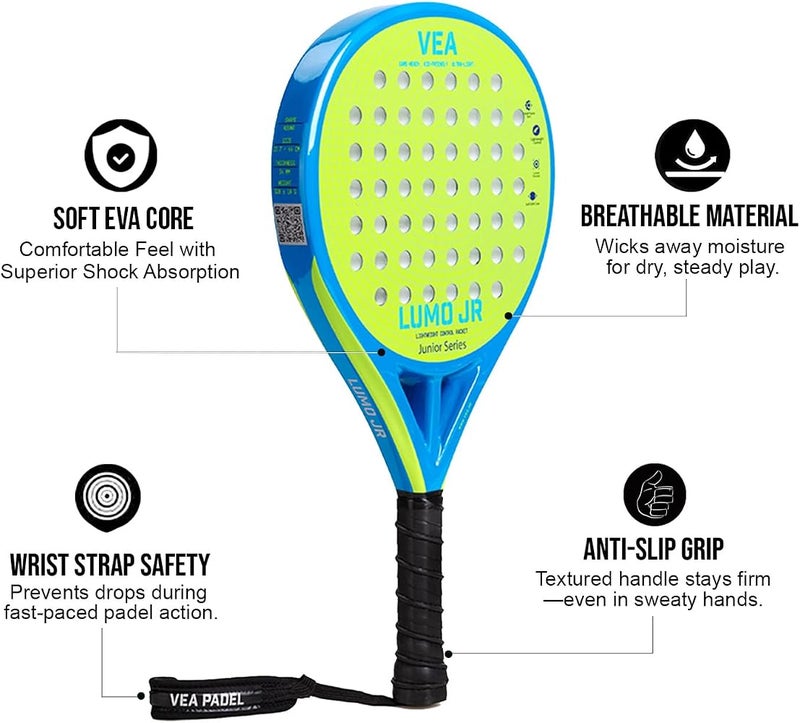 VEA LUMO JR Junior Padel Racket Bundle – Neon Lime Green Includes 1 Racket and 1 Tube of VEA Padel Balls 50% Carbon 50% Fiberglass Frame Soft EVA Core Lightweight 320g Glossy Finish - Image 3