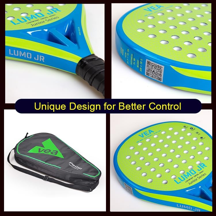 VEA LUMO JR Junior Padel Racket Bundle – Neon Lime Green Includes 1 Racket and 1 Tube of VEA Padel Balls 50% Carbon 50% Fiberglass Frame Soft EVA Core Lightweight 320g Glossy Finish - Image 2
