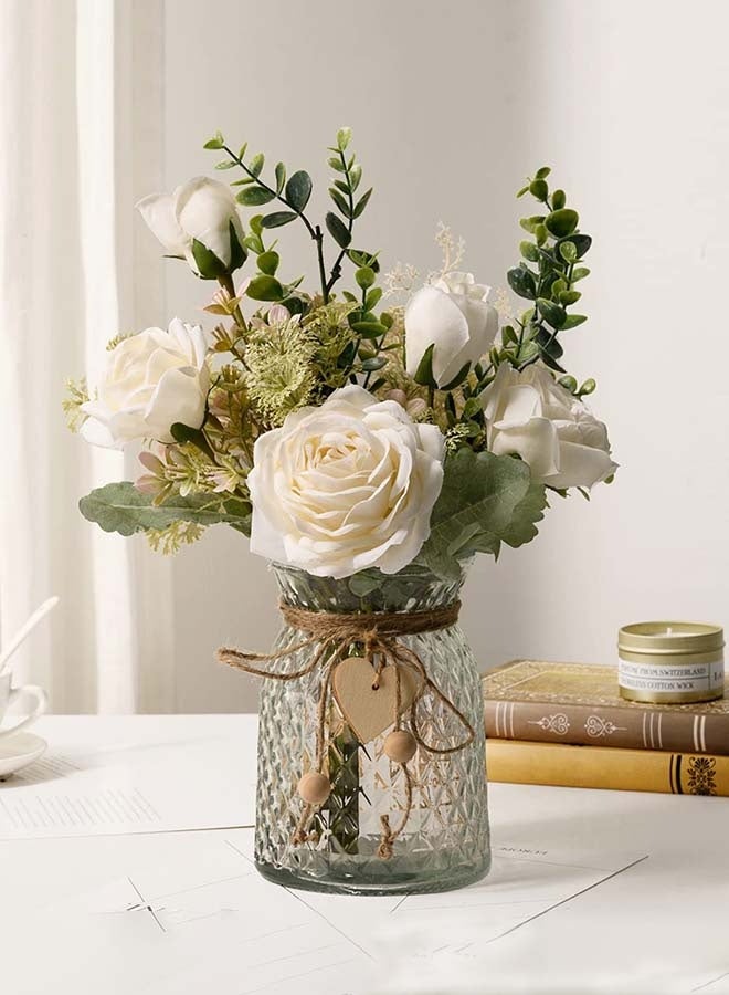 YIM-VIBEHAUS Fake Flowers, Silk Roses Artificial Flowers, White Faux Flower Arrangement Suitable for Home Office Decoration, Dining Table Centerpiece (No Vase) - Image 2