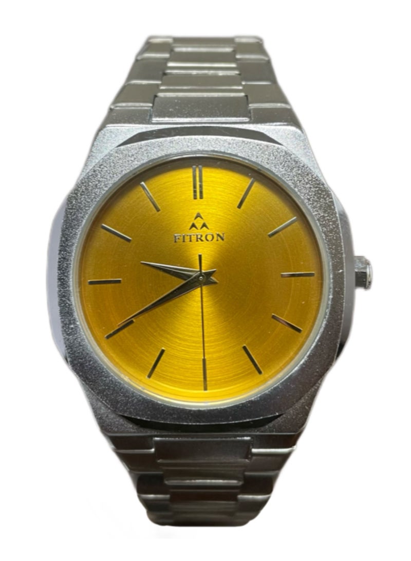 Fitron Men's Silver Wrist Watch with Yellow Dial - Image 1