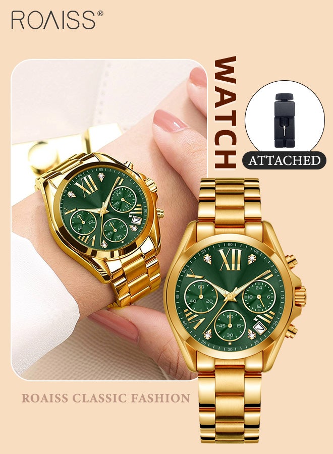 roaiss Women's Steel Band Chronograph Quartz Watch Round Green Dial with Calendar Display Waterproof Luxurious Wristwatch with meter regulator as Gift for Ladies - Image 1