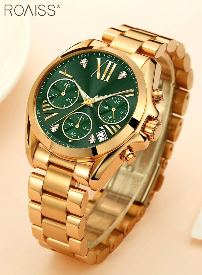 roaiss Women's Steel Band Chronograph Quartz Watch Round Green Dial with Calendar Display Waterproof Luxurious Wristwatch with meter regulator as Gift for Ladies - Image 3