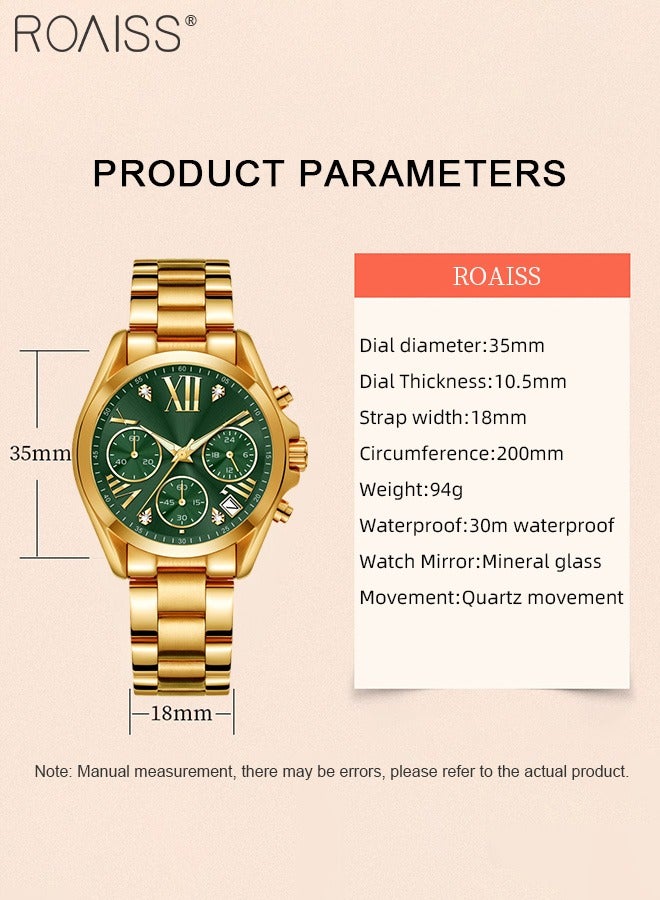 roaiss Women's Steel Band Chronograph Quartz Watch Round Green Dial with Calendar Display Waterproof Luxurious Wristwatch with meter regulator as Gift for Ladies - Image 4