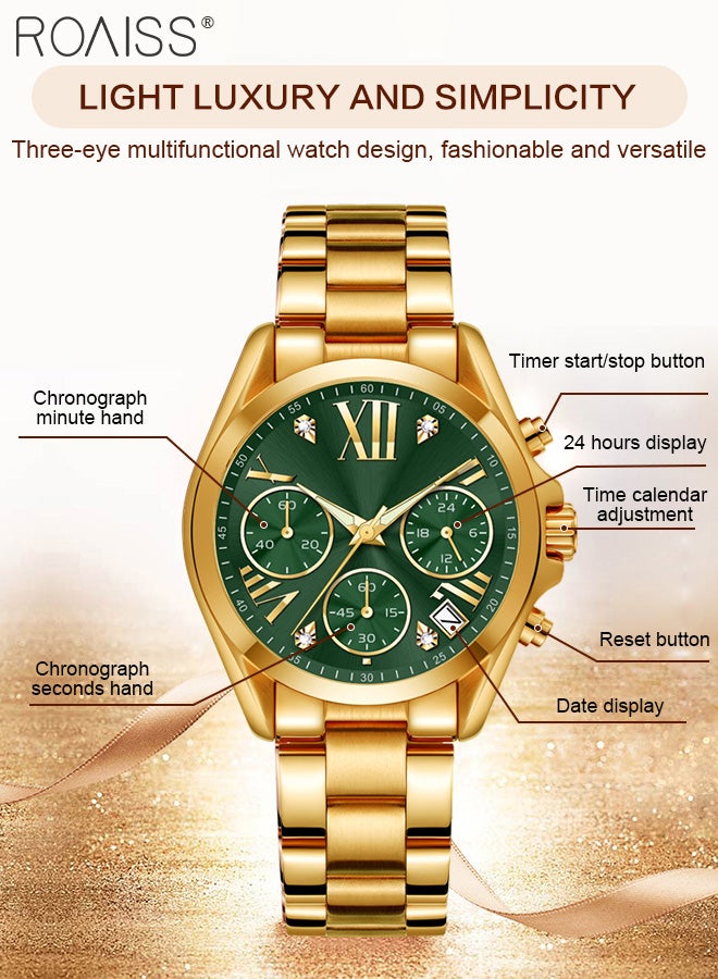 roaiss Women's Steel Band Chronograph Quartz Watch Round Green Dial with Calendar Display Waterproof Luxurious Wristwatch with meter regulator as Gift for Ladies - Image 5