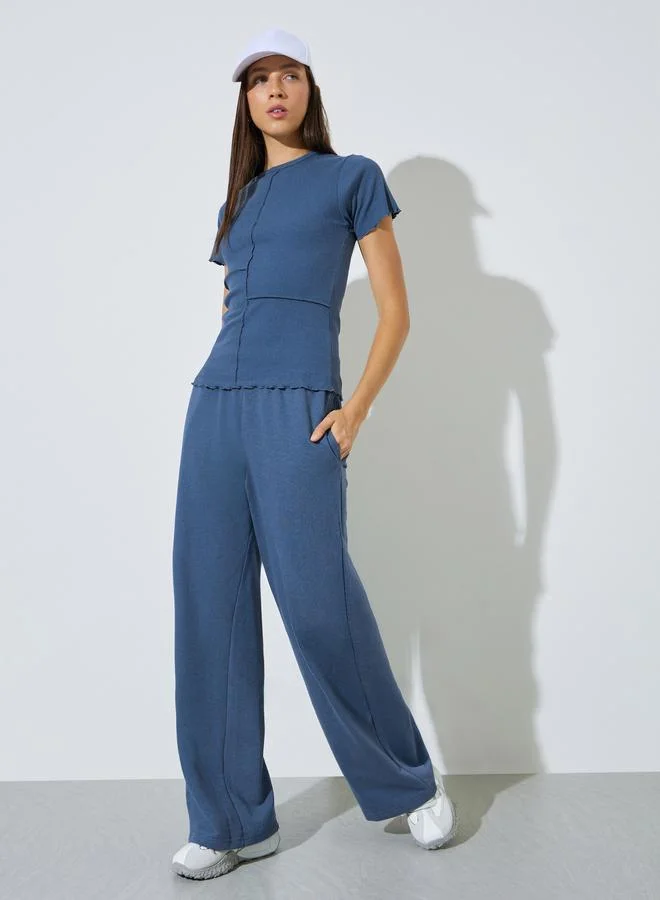 Styli Blue Regular Fit Exposed Seam Ribbed T-Shirt