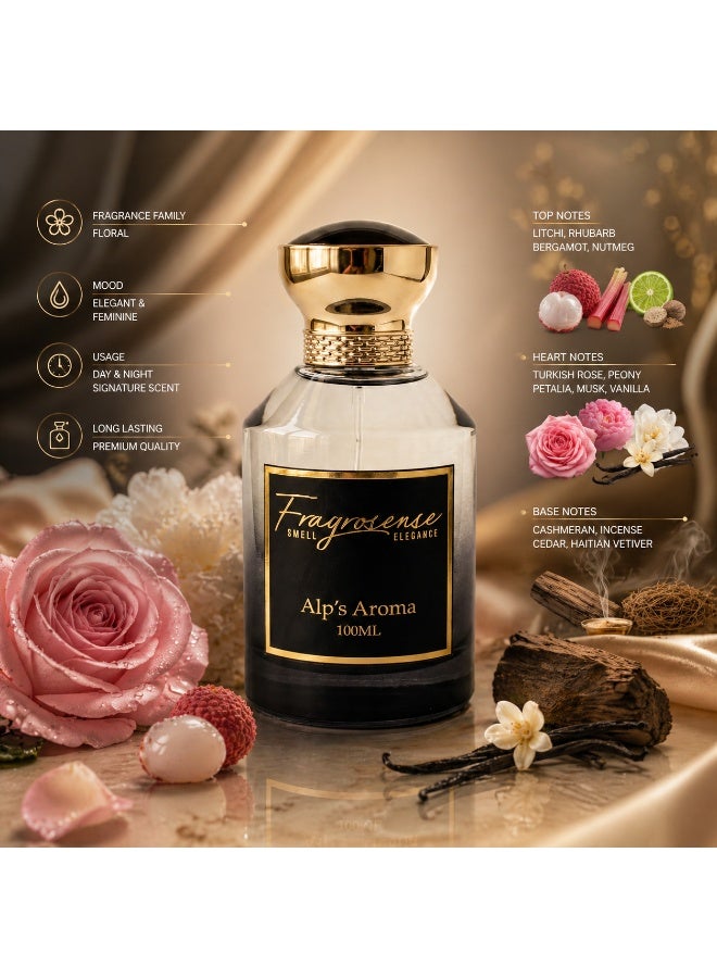 Fragrosense Alp's Aroma Eau de Parfum for Women 100ml, Long Lasting Floral Fruity Musk Fragrance with Litchi Rhubarb Bergamot, Turkish Rose Peony Vanilla, Cashmeran Incense, Elegant Feminine Perfume - Image 2