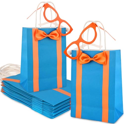 Bolsome 20Pcs Orange Blue Party Favor Bags with 20Pcs Paper Glasses and Bow Tie Blue Orange DIY Paper Gift Bags with Handles for Kids for Construction Birthday Party Baby Shower Supplies - Image 1