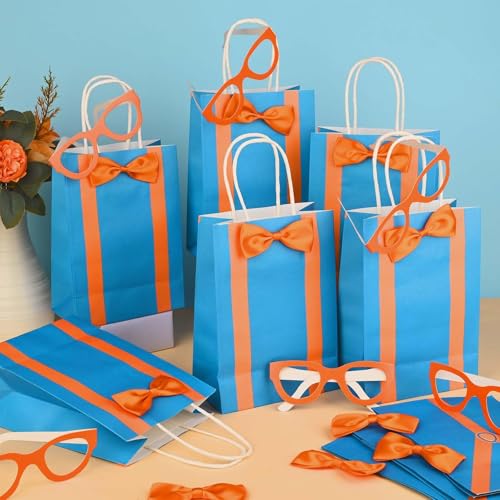 Bolsome 20Pcs Orange Blue Party Favor Bags with 20Pcs Paper Glasses and Bow Tie Blue Orange DIY Paper Gift Bags with Handles for Kids for Construction Birthday Party Baby Shower Supplies - Image 4